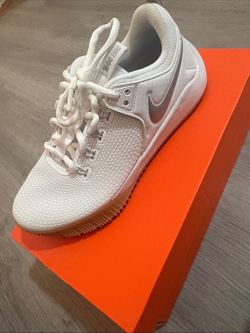 Nike Women’s White Mesh and Silver Swoosh Sneakers